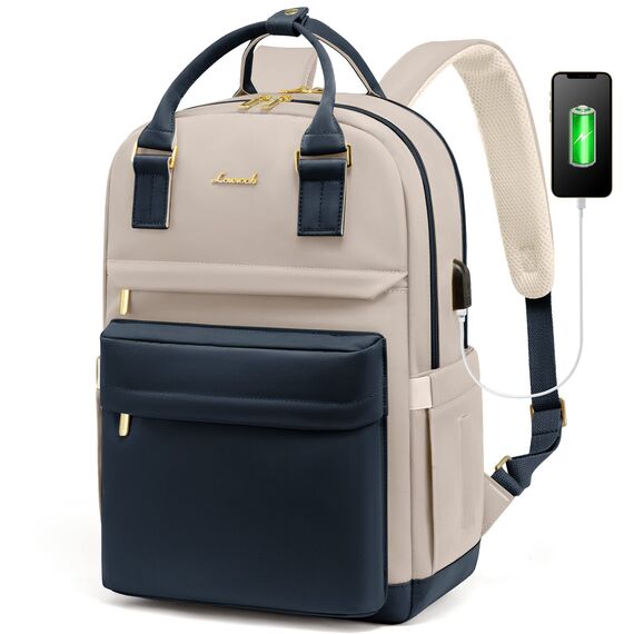 LOVEVOOK Laptop Rucksack Damen, 15,6 Zoll Schulrucksack Mädchen mit Laptopfach, Wasserdichter Schultasche Daypack Elegant für Schule Uni Reisen Arbeit, Dunkelblau Hellbraun