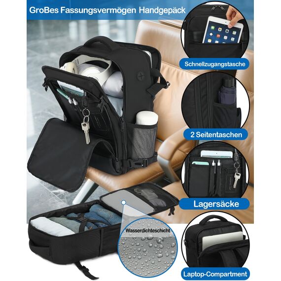KLOSTAIN Handgepäck Rucksack 40x20x25 für Ryanair Klein Flugzeug Reiserucksack Tasche 20L Mit 14 Zoll Laptop Eurowings für Damen Herren Teenager Schulrucksack, Schwarz