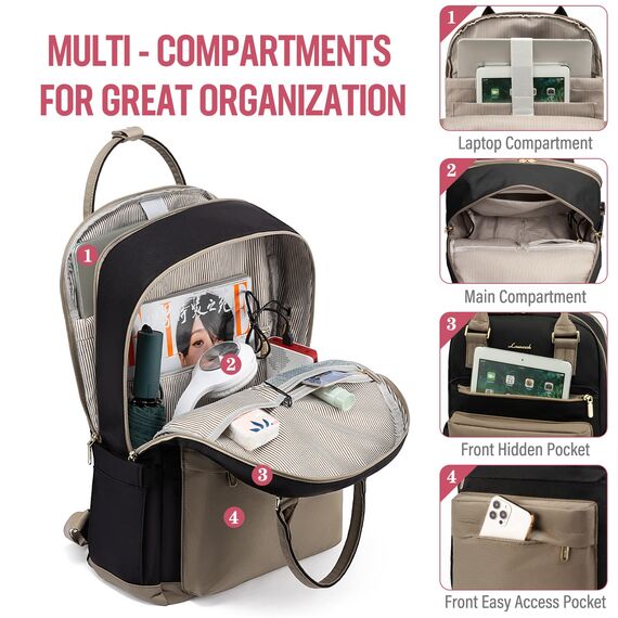 LOVEVOOK Rucksack Damen, 17 Zoll Laptop Rucksack Schulrucksack Mädchen Teenager mit Laptopfach, Wasserdichter Schultasche Daypack für Schule Uni Reisen Arbeit, Khaki Schwarz