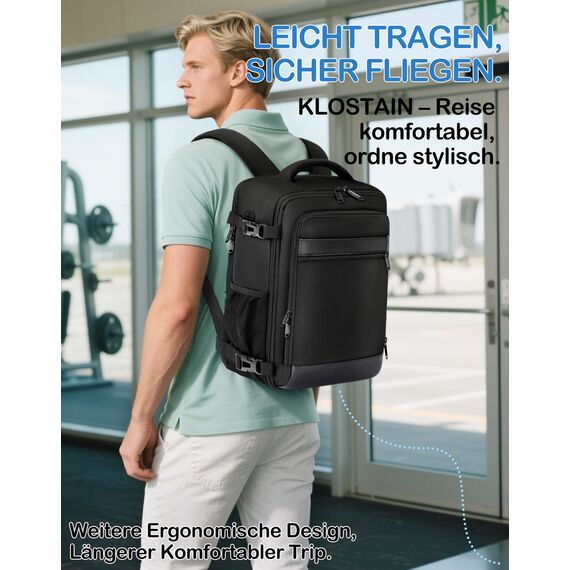 KLOSTAIN Handgepäck Rucksack 40x20x25 für Ryanair Klein Flugzeug Reiserucksack Tasche 20L Mit 14 Zoll Laptop Eurowings für Damen Herren Teenager Schulrucksack, Schwarz