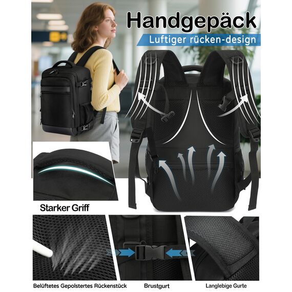 KLOSTAIN Handgepäck Rucksack 40x20x25 für Ryanair Klein Flugzeug Reiserucksack Tasche 20L Mit 14 Zoll Laptop Eurowings für Damen Herren Teenager Schulrucksack, Schwarz