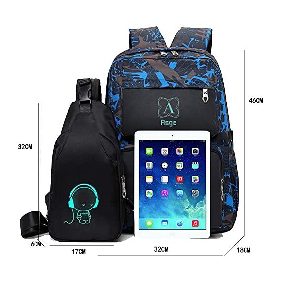 Asge schulrucksack für Jungen und Mädchen - Wasserdichter Rucksack Teenager, Reflektierend, Groß, für Schule und Outdoor Camping, inkl. Schultertaschen Set