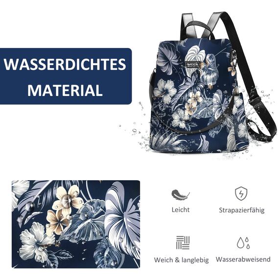 Fmeida Damen Rucksack Klein 2 in 1 Rucksacktasche Elegant Anti Diebstahl Schultertasche Nylon Wasserdichte Backpack Casual Daypack Shopper für Frauen Mädchen (Blumen Navy)