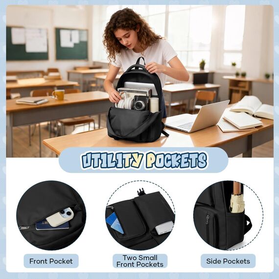 HYC00 Schulrucksack Mädchen Jungen Schultasche Teenager Tagesrucksack Leichter Rucksack Schule Damen Laptop Rucksack 15,6 Zoll Wasserdichter Schulranzen Aesthetic Backpack Women für Schule Uni,Schwarz