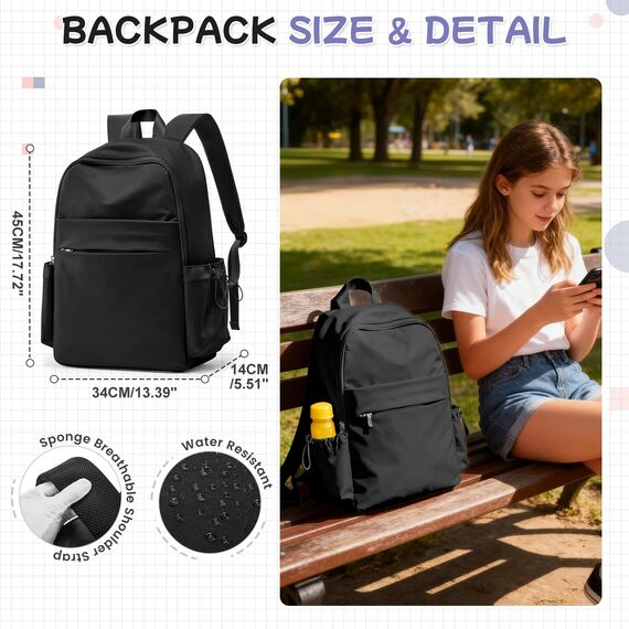 HYC00 Schulrucksack Damen Causal Travel Schultaschen 14 Zoll Laptop Daypack Bookbag für Teenager Mädchen Boys College-Rucksack Leichter Rucksack Wasserabweisend Bookbag Men Work Daypack,Schwarz