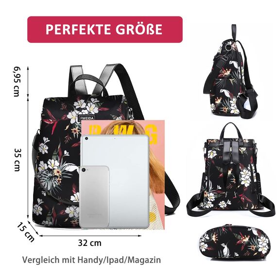 Fmeida Rucksack Damen Klein Anti-Diebstahl Hantasche 2 in 1 Groß Umhängetasche Wasserdicht Backpack Shopper Schultertasche Daypacks Aus Oxford Für Reise Arbeit Alltag Sport Schule Blumen Rot