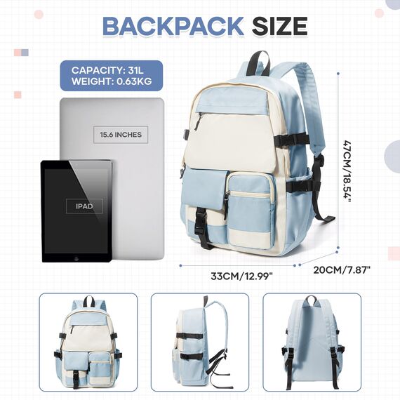 HYC00 Rucksack Damen Schulmädchen,Casual Travel Daypack,14-Zoll-Laptop-Rucksack für Mädchen im Teenageralter,Wasserdichter College-Rucksack Büchertasche Herren Schultasche Arbeitstasche,Dunstblau