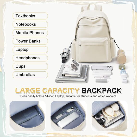 HYC00 Schulrucksack Teenager Mädchen Schultaschen Causal Daypacks Damen College Rucksack Leichter Rucksack Mädchen Teenager Schule Schultasche Wasserdicht Laptop Rucksack Damen 14 zoll Backpack,Beige
