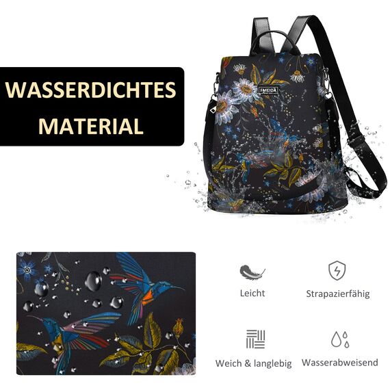 Fmeida Rucksack Damen Anti Diebstahl Nylon Handtaschen Wasserdichte 2 in 1 Schultertasche Casual Daypack Klein Reiserucksack für Frauen Mädchen, Kolibri Muster & Schwarze