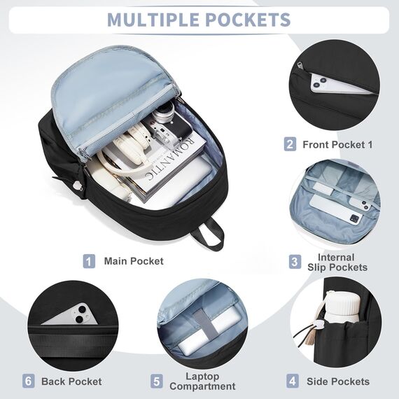 HYC00 Rucksack Schule Teenager Mädchen Damen Causal Schulrucksack College-Rucksack, leichte Schultasche Arbeitstasche für Jungen und Mädchen, passend für 14-Zoll-Laptop Daypack Bookbag,Schwarz