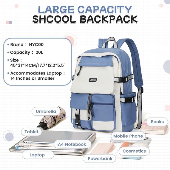 HYC00 Schulrucksack Teenager Mädchen Jungen Schulranzen Rucksack Damen Schule College Backpack Wasserdicht Schultasche 14 Zoll Laptop Rucksack für Die Schule Reise Tagesrucksack School Bag,Königs Blau