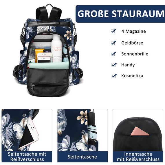 Fmeida Damen Rucksack Klein 2 in 1 Rucksacktasche Elegant Anti Diebstahl Schultertasche Nylon Wasserdichte Backpack Casual Daypack Shopper für Frauen Mädchen (Blumen Navy)