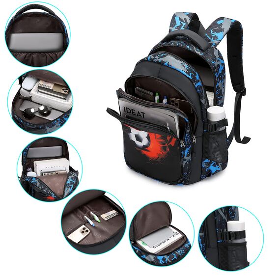 Asge Schulrucksack Jungen Teenager Schultaschen Mädchen Ranzen Ergonomischem Kinder Rucksäcke Fußball Druck Schulranzen für 8 10 14 Jahre School Bags for Boys Wasserdicht Schulranzen Groß für Schule