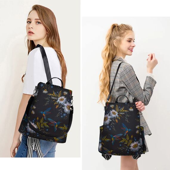 Fmeida Rucksack Damen Anti Diebstahl Nylon Handtaschen Wasserdichte 2 in 1 Schultertasche Casual Daypack Klein Reiserucksack für Frauen Mädchen, Kolibri Muster & Schwarze