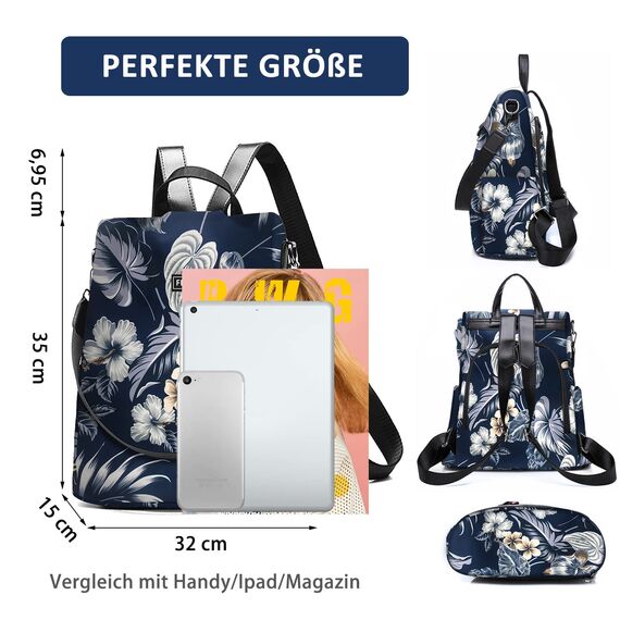 Fmeida Damen Rucksack Klein 2 in 1 Rucksacktasche Elegant Anti Diebstahl Schultertasche Nylon Wasserdichte Backpack Casual Daypack Shopper für Frauen Mädchen (Blumen Navy)
