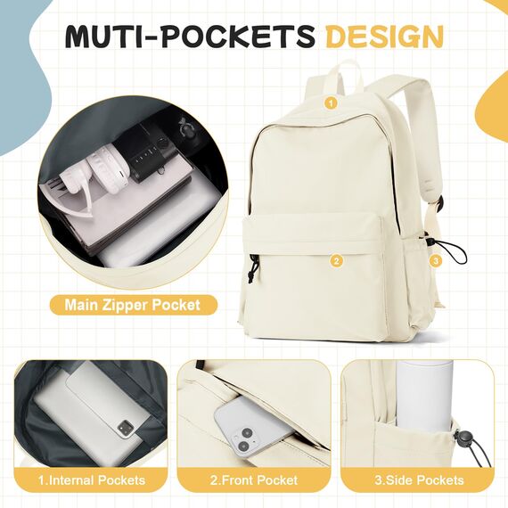 HYC00 Schulrucksack Damen, Causal Travel Schultaschen 14 Zoll Laptop Rucksack für Mädchen im Teenageralter Leichter Rucksack Wasserabweisend Bookbag College Boys Men Work Daypack,Beige