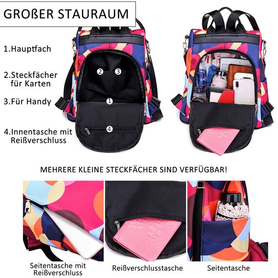 Fmeida Rucksack diebstahlsicher Damen Taschenrucksack 2 in 1 Nylon Handtaschen Wasserdichte Schultertasche Casual Daypack Klein Cityrucksack Reiserucksack für Frauen Mädchen Gepunktet