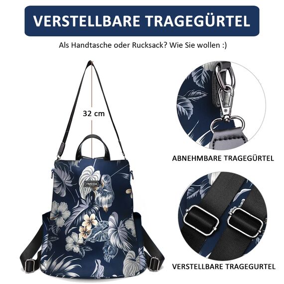 Fmeida Damen Rucksack Klein 2 in 1 Rucksacktasche Elegant Anti Diebstahl Schultertasche Nylon Wasserdichte Backpack Casual Daypack Shopper für Frauen Mädchen (Blumen Navy)