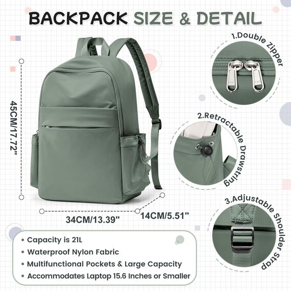HYC00 Schulrucksack Damen Causal Travel Schultaschen 14 Zoll Laptop Daypack Bookbag für Teenager Mädchen Boys College-Rucksack Leichter Rucksack Wasserabweisend Bookbag Men Work Daypack,Grün