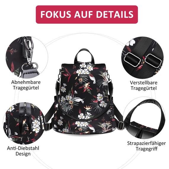 Fmeida Rucksack Damen Klein Anti-Diebstahl Hantasche 2 in 1 Groß Umhängetasche Wasserdicht Backpack Shopper Schultertasche Daypacks Aus Oxford Für Reise Arbeit Alltag Sport Schule Blumen Rot