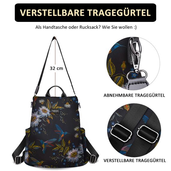 Fmeida Rucksack Damen Anti Diebstahl Nylon Handtaschen Wasserdichte 2 in 1 Schultertasche Casual Daypack Klein Reiserucksack für Frauen Mädchen, Kolibri Muster & Schwarze