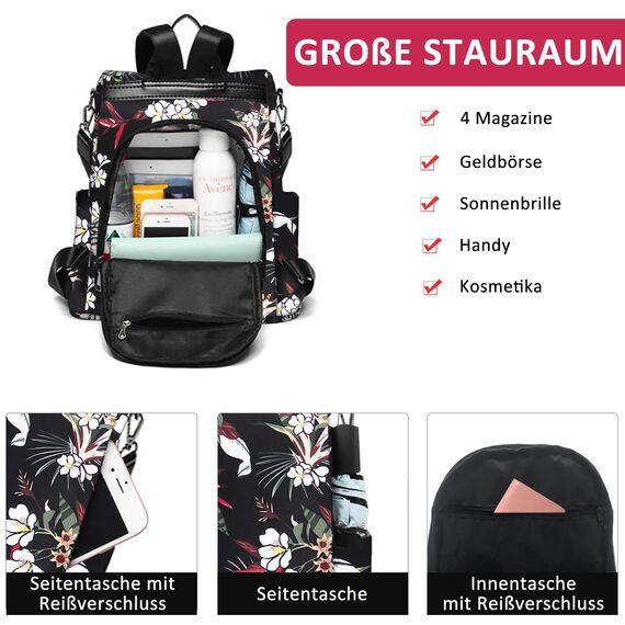 Fmeida Rucksack Damen Klein Anti-Diebstahl Hantasche 2 in 1 Groß Umhängetasche Wasserdicht Backpack Shopper Schultertasche Daypacks Aus Oxford Für Reise Arbeit Alltag Sport Schule Blumen Rot