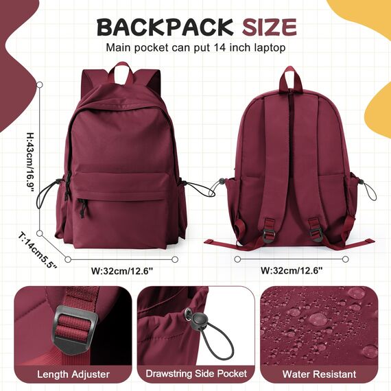 HYC00 Schulrucksack Damen, Causal Travel Schultaschen 14 Zoll Laptop Rucksack für Mädchen im Teenageralter Leichter Rucksack Wasserabweisend Bookbag College Boys Men Work Daypack,Rot