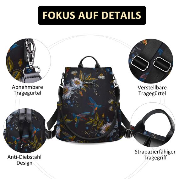Fmeida Rucksack Damen Anti Diebstahl Nylon Handtaschen Wasserdichte 2 in 1 Schultertasche Casual Daypack Klein Reiserucksack für Frauen Mädchen, Kolibri Muster & Schwarze