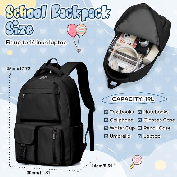 HYC00 Schulrucksack Mädchen Jungen Schultasche Teenager Tagesrucksack Leichter Rucksack Schule Damen Laptop Rucksack 15,6 Zoll Wasserdichter Schulranzen Aesthetic Backpack Women für Schule Uni,Schwarz