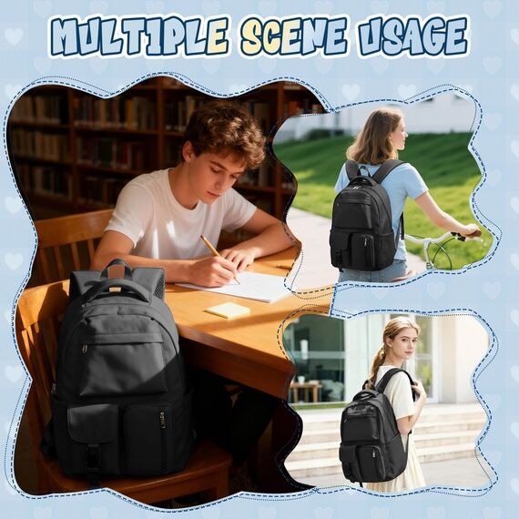 HYC00 Schulrucksack Mädchen Jungen Schultasche Teenager Tagesrucksack Leichter Rucksack Schule Damen Laptop Rucksack 15,6 Zoll Wasserdichter Schulranzen Aesthetic Backpack Women für Schule Uni,Schwarz