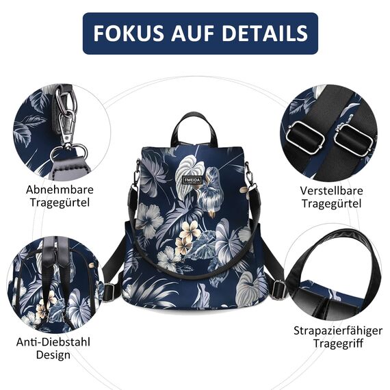 Fmeida Damen Rucksack Klein 2 in 1 Rucksacktasche Elegant Anti Diebstahl Schultertasche Nylon Wasserdichte Backpack Casual Daypack Shopper für Frauen Mädchen (Blumen Navy)