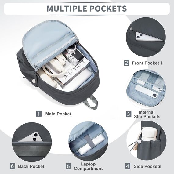 HYC00 Rucksack Schule Teenager Mädchen Damen Causal Schulrucksack College-Rucksack, leichte Schultasche Arbeitstasche für Jungen und Mädchen, passend für 14-Zoll-Laptop Daypack Bookbag,Dunkelgrau