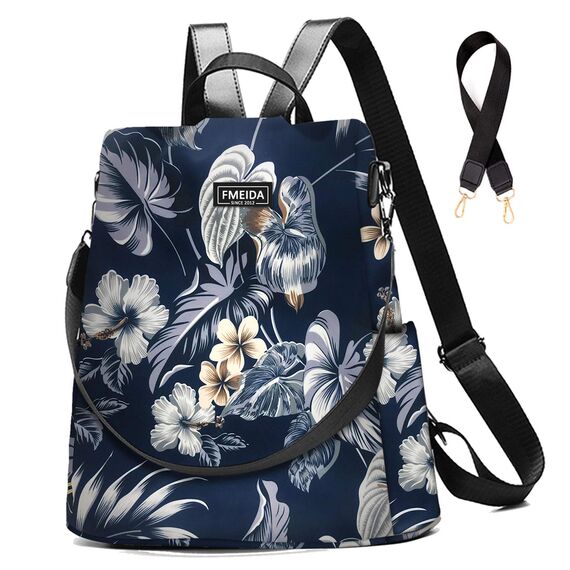 Fmeida Damen Rucksack Klein 2 in 1 Rucksacktasche Elegant Anti Diebstahl Schultertasche Nylon Wasserdichte Backpack Casual Daypack Shopper für Frauen Mädchen (Blumen Navy)