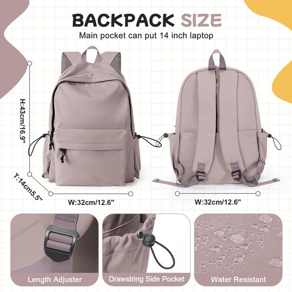 HYC00 Schulrucksack Damen, Causal Travel Schultaschen 14 Zoll Laptop Rucksack für Mädchen im Teenageralter Leichter Rucksack Wasserabweisend Bookbag College Boys Men Work Daypack,Lila