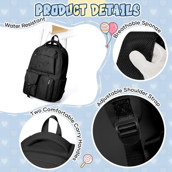 HYC00 Schulrucksack Mädchen Jungen Schultasche Teenager Tagesrucksack Leichter Rucksack Schule Damen Laptop Rucksack 15,6 Zoll Wasserdichter Schulranzen Aesthetic Backpack Women für Schule Uni,Schwarz