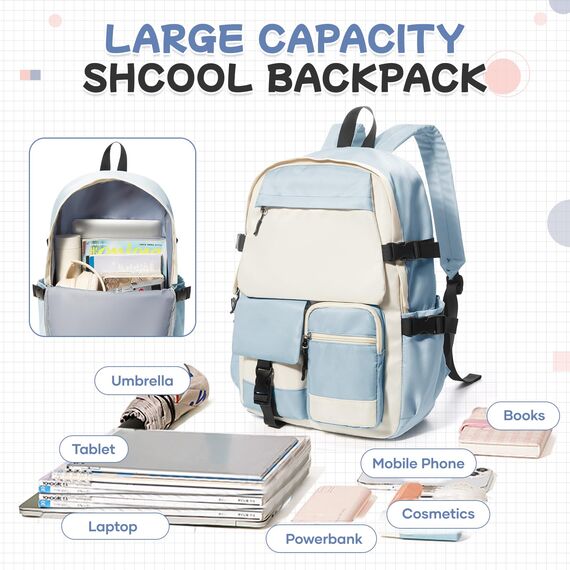 HYC00 Rucksack Damen Schulmädchen,Casual Travel Daypack,14-Zoll-Laptop-Rucksack für Mädchen im Teenageralter,Wasserdichter College-Rucksack Büchertasche Herren Schultasche Arbeitstasche,Dunstblau