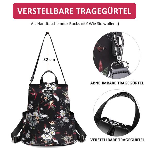 Fmeida Rucksack Damen Klein Anti-Diebstahl Hantasche 2 in 1 Groß Umhängetasche Wasserdicht Backpack Shopper Schultertasche Daypacks Aus Oxford Für Reise Arbeit Alltag Sport Schule Blumen Rot