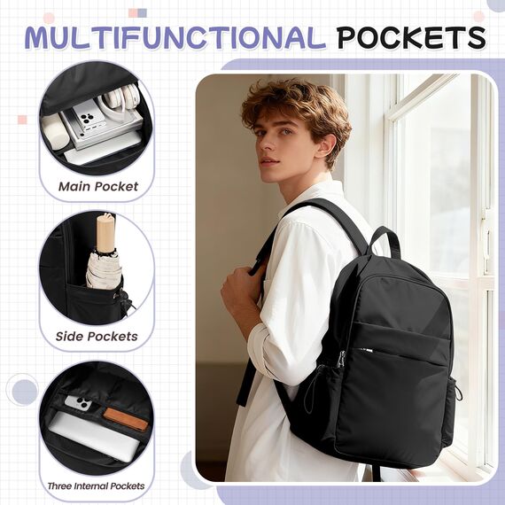 HYC00 Schulrucksack Damen Causal Travel Schultaschen 14 Zoll Laptop Daypack Bookbag für Teenager Mädchen Boys College-Rucksack Leichter Rucksack Wasserabweisend Bookbag Men Work Daypack,Schwarz