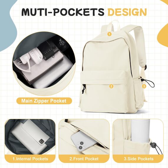 HYC00 Schulrucksack Damen, Causal Travel Schultaschen 14 Zoll Laptop Rucksack für Mädchen im Teenageralter Leichter Rucksack Wasserabweisend Bookbag College Boys Men Work Daypack,Beige
