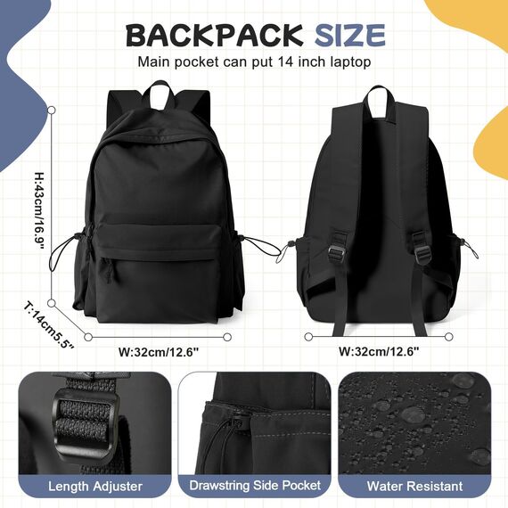 HYC00 Schulrucksack Damen, Causal Travel Schultaschen 14 Zoll Laptop Rucksack für Mädchen im Teenageralter Leichter Rucksack Wasserabweisend Bookbag College Boys Men Work Daypack,Schwarz