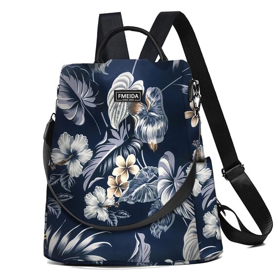 Fmeida Damen Rucksack Klein 2 in 1 Rucksacktasche Elegant Anti Diebstahl Schultertasche Nylon Wasserdichte Backpack Casual Daypack Shopper für Frauen Mädchen (Blumen Navy)