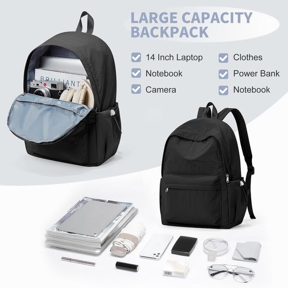 HYC00 Rucksack Schule Teenager Mädchen Damen Causal Schulrucksack College-Rucksack, leichte Schultasche Arbeitstasche für Jungen und Mädchen, passend für 14-Zoll-Laptop Daypack Bookbag,Schwarz