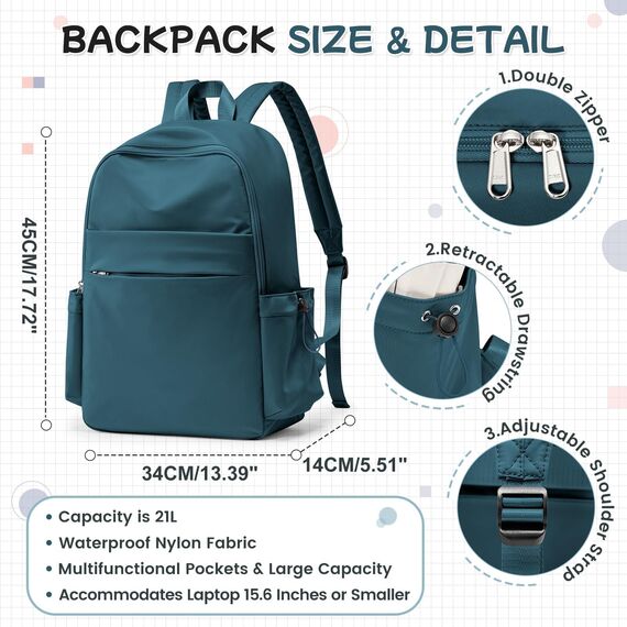 HYC00 Schulrucksack Damen Causal Travel Schultaschen 14 Zoll Laptop Daypack Bookbag für Teenager Mädchen Boys College-Rucksack Leichter Rucksack Wasserabweisend Bookbag Men Work Daypack,Pfauenblau