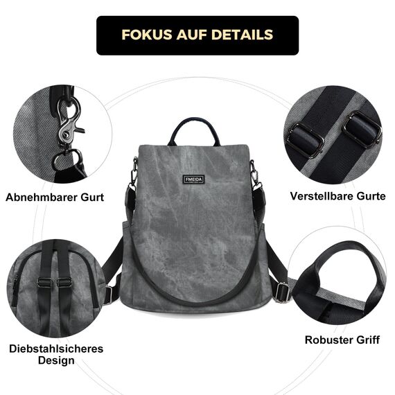 Fmeida Rucksack Leder Damen Anti Diebstahl Handtaschen Wasserdichte Schulrucksack 2 in 1 Schultertasche Shopper Casual Daypack Reiserucksack für Frauen Mädchen Grau