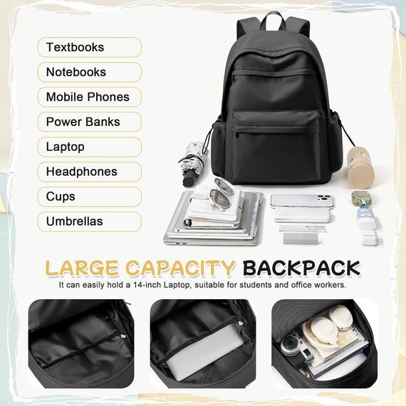 HYC00 Schulrucksack Teenager Mädchen Schultaschen Causal Daypacks Damen College Rucksack Leichter Rucksack Mädchen Teenager Schule Schultasche Wasserdicht Laptop Rucksack 14 zoll Backpack,Schwarz