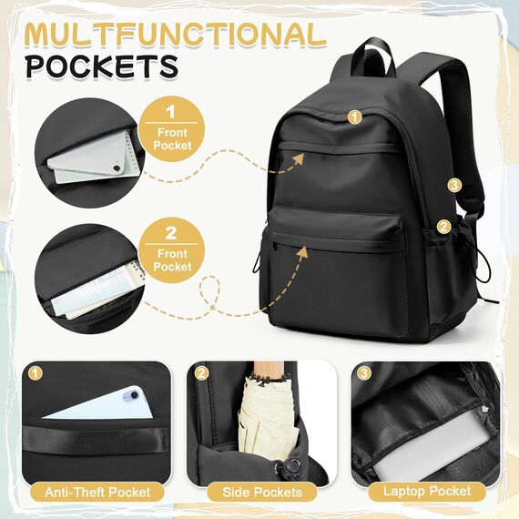 HYC00 Schulrucksack Teenager Mädchen Schultaschen Causal Daypacks Damen College Rucksack Leichter Rucksack Mädchen Teenager Schule Schultasche Wasserdicht Laptop Rucksack 14 zoll Backpack,Schwarz