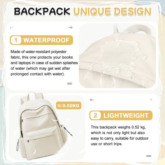 HYC00 Schulrucksack Teenager Mädchen Schultaschen Causal Daypacks Damen College Rucksack Leichter Rucksack Mädchen Teenager Schule Schultasche Wasserdicht Laptop Rucksack Damen 14 zoll Backpack,Beige