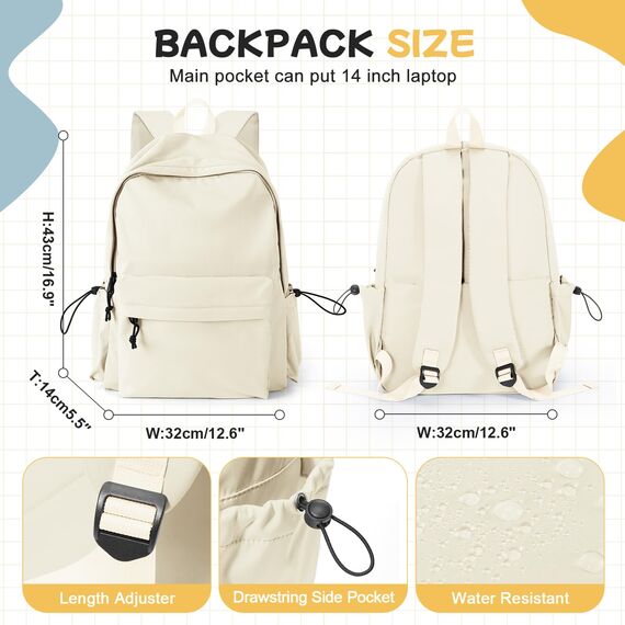 HYC00 Schulrucksack Damen, Causal Travel Schultaschen 14 Zoll Laptop Rucksack für Mädchen im Teenageralter Leichter Rucksack Wasserabweisend Bookbag College Boys Men Work Daypack,Beige