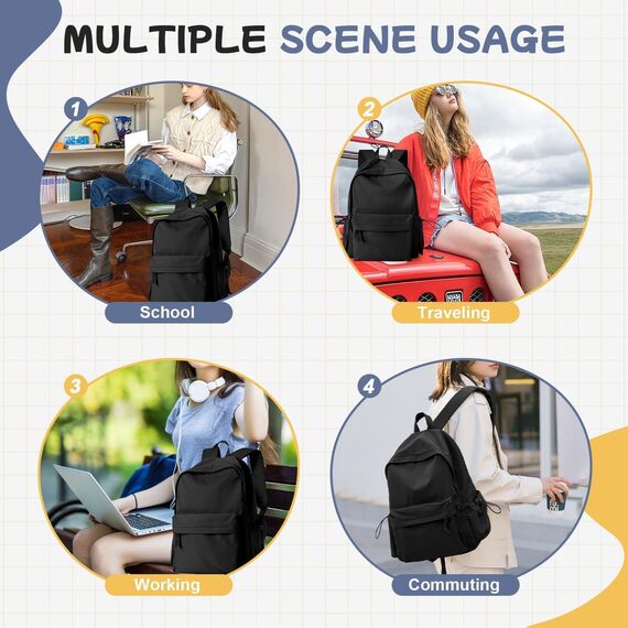 HYC00 Schulrucksack Damen, Causal Travel Schultaschen 14 Zoll Laptop Rucksack für Mädchen im Teenageralter Leichter Rucksack Wasserabweisend Bookbag College Boys Men Work Daypack,Schwarz