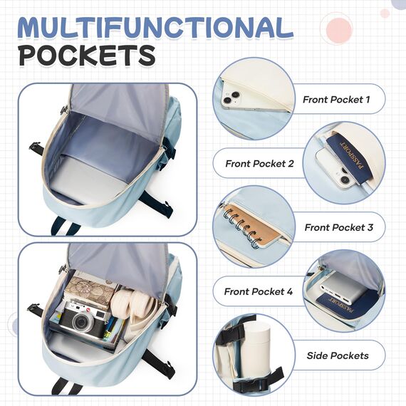 HYC00 Rucksack Damen Schulmädchen,Casual Travel Daypack,14-Zoll-Laptop-Rucksack für Mädchen im Teenageralter,Wasserdichter College-Rucksack Büchertasche Herren Schultasche Arbeitstasche,Dunstblau